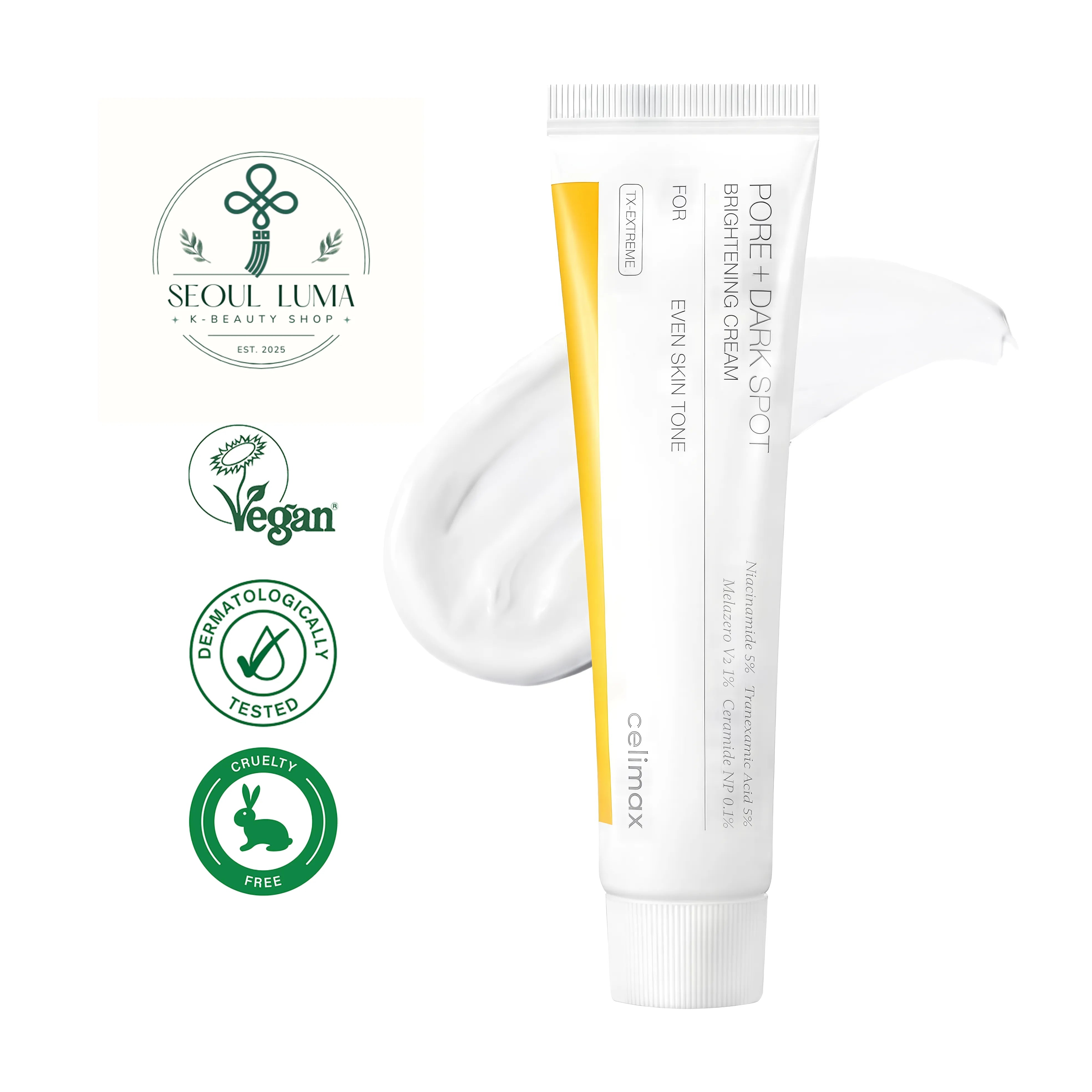 CELIMAX Pore+Dark Spot Brightening Cream with tranexamic acid, niacinamide, and Melazero V2 for dark spots and pore care